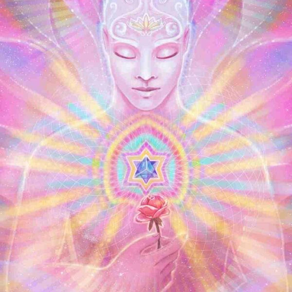art work featuring a being on a pink background with light radiating from a merkaba symbol at its heart, the being is holding a single rose