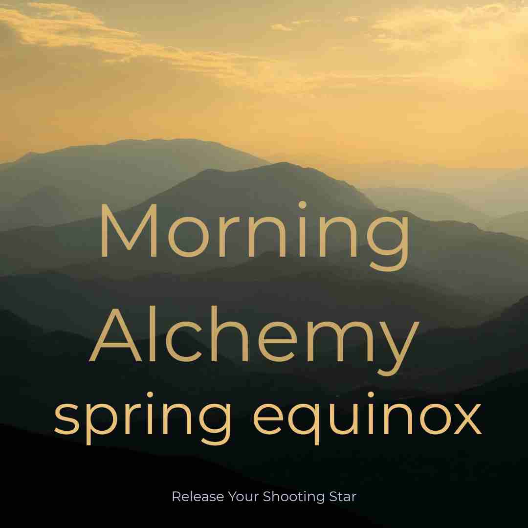 Morning Alchemy - spring equinox sun rising behind mountains with text Morning Alchemy spring equinox on top